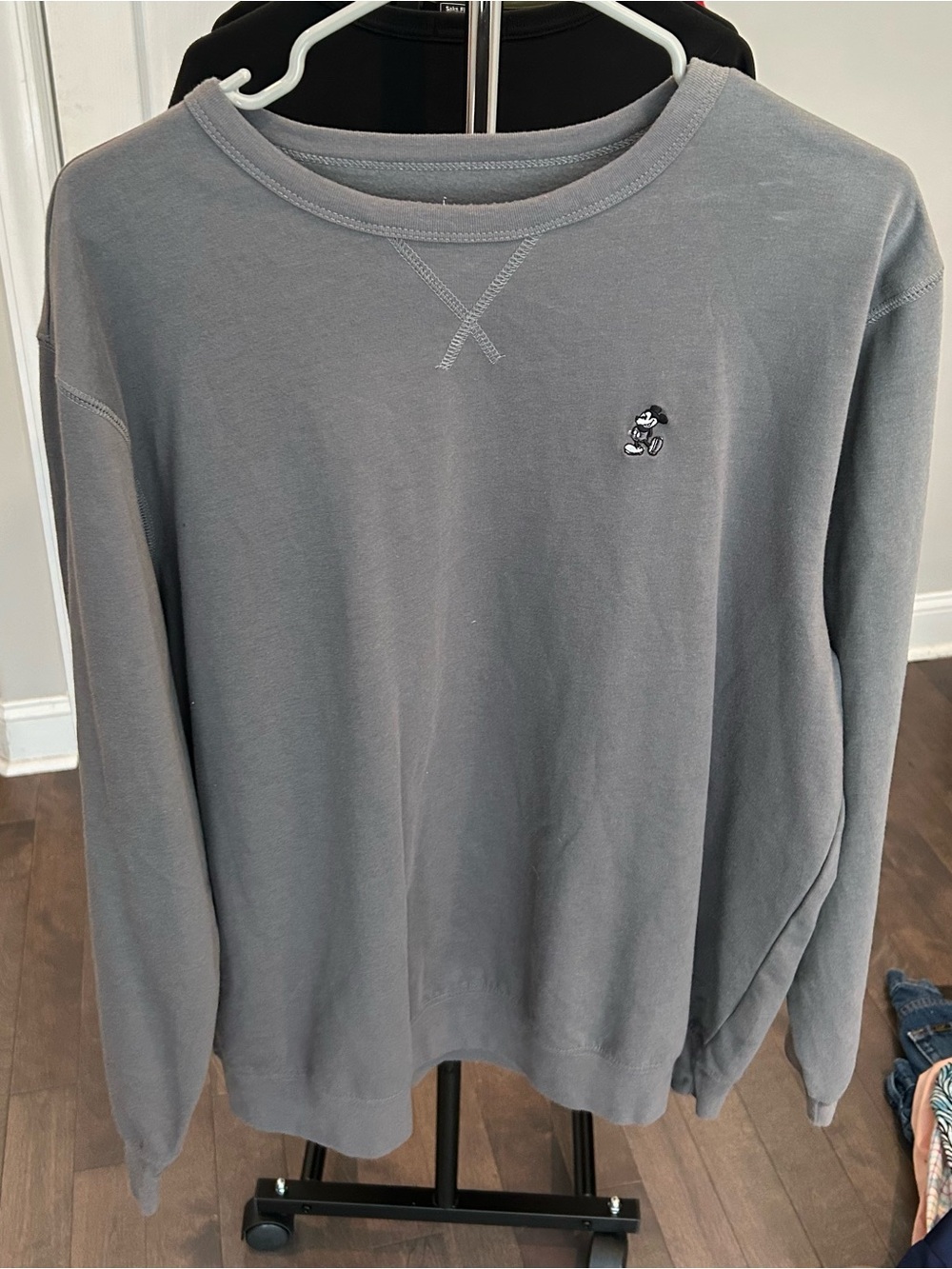 Disney Men's Gray Crewneck Sweater with Small Mickey Embroidery